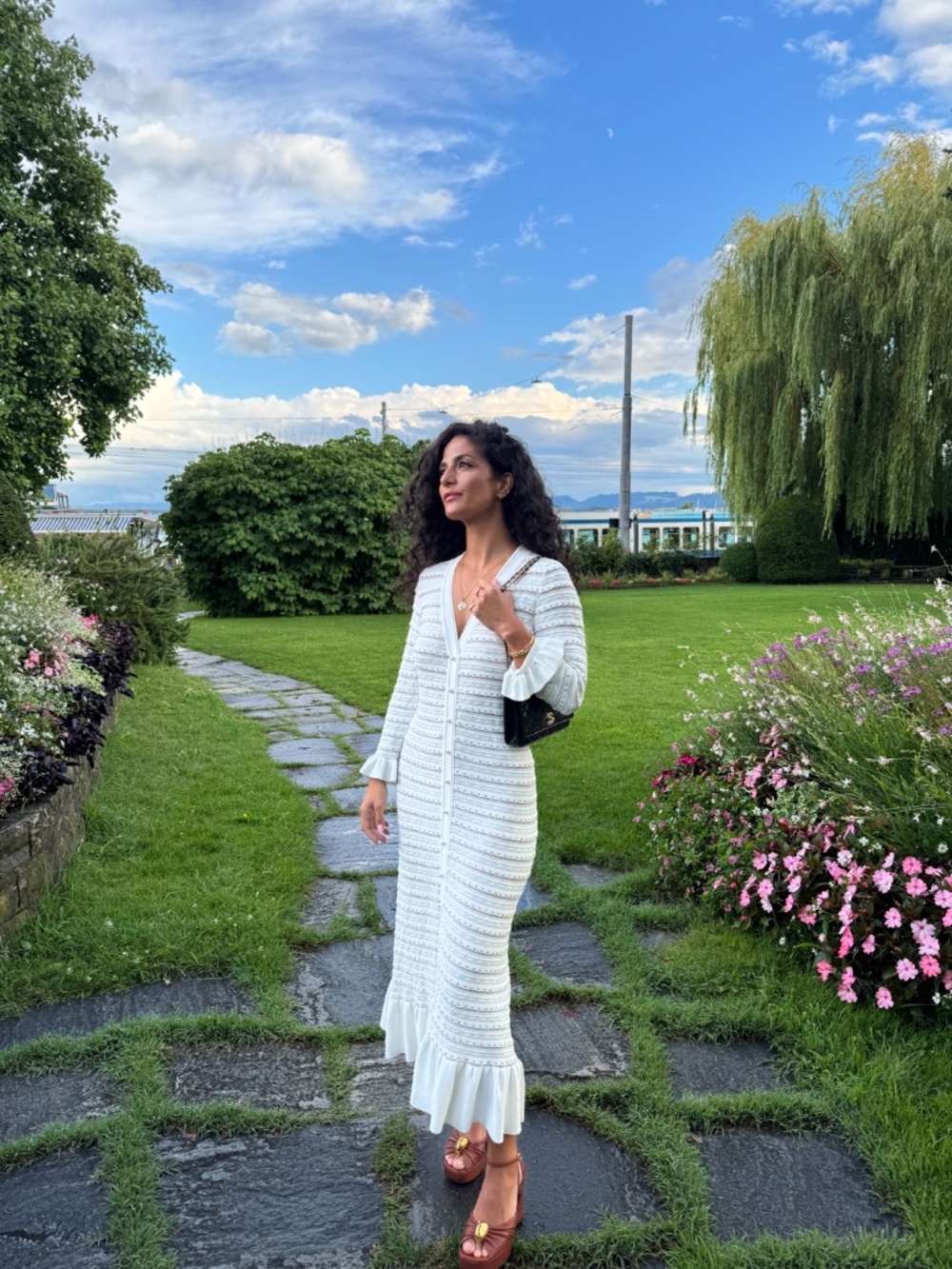 Sandro Paris Pointelle Knit Maxi Dress with Pearl & Stud Details | Size 36